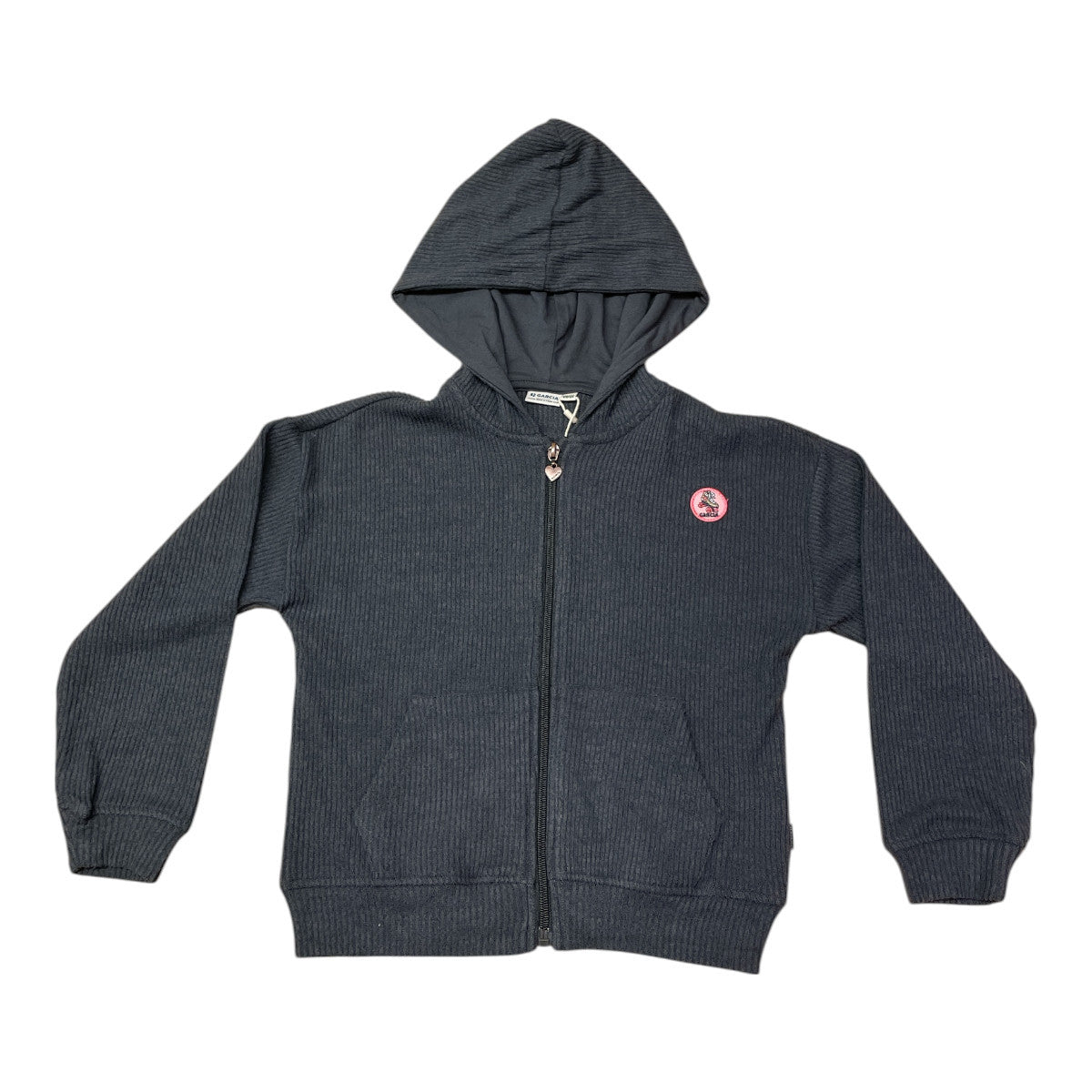 Pierrot Outlet geribbelde donkergrijze hoodie met rits en capuchon, met logo op de borst.