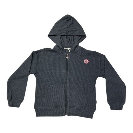 Pierrot Outlet geribbelde donkergrijze hoodie met rits en capuchon, met logo op de borst.