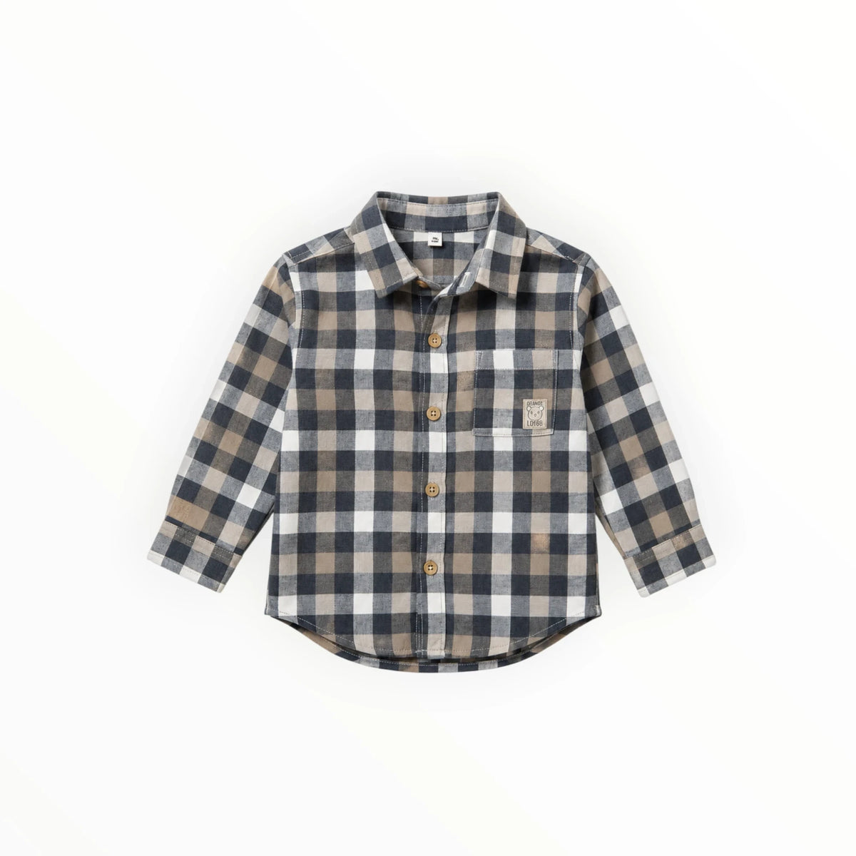 Pierrot Outlet geruit overhemd voor kinderen in beige, grijs en wit met knoopsluiting en borstzakje.
