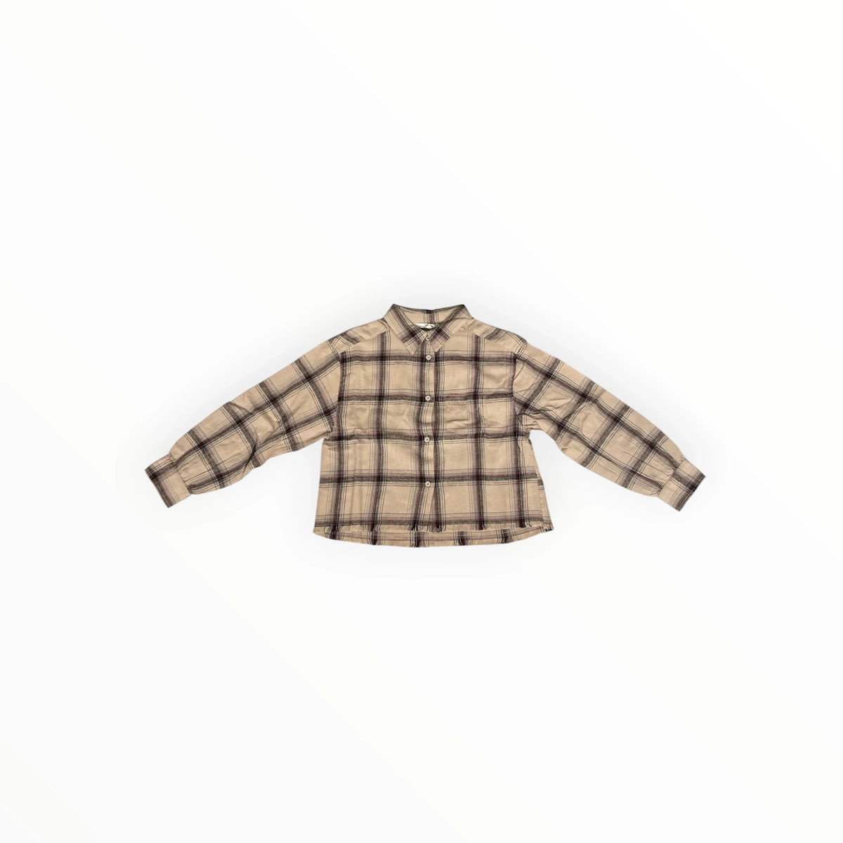 Pierrot Outlet klassiek geruit overhemd voor kinderen in beige en bruin met lange mouwen en knoopsluiting.