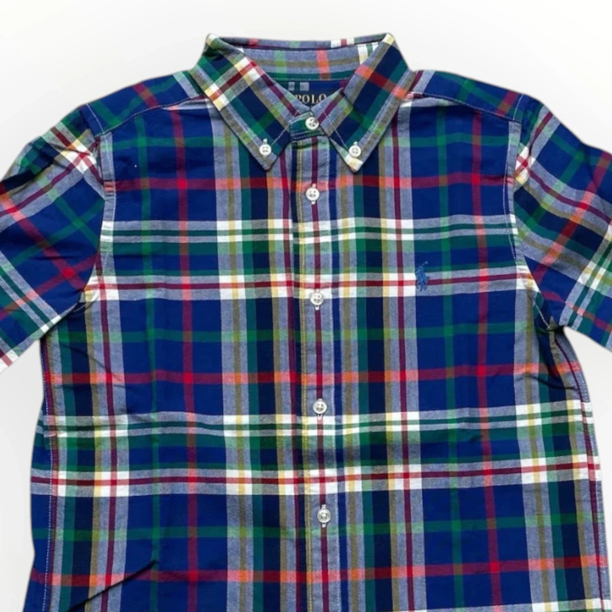 Pierrot Outlet Polo Ralph Lauren overhemd met ruitpatroon in blauw, groen en rood met button-down kraag en logo.