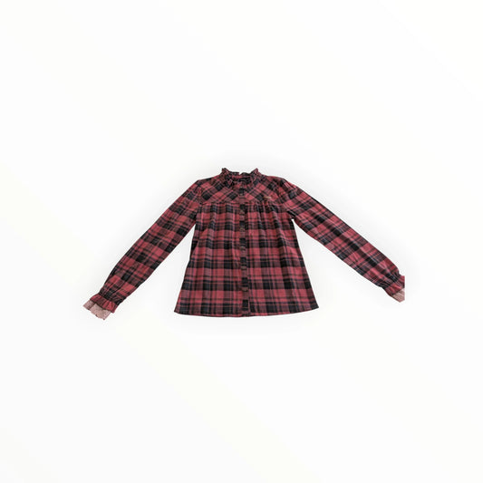 Pierrot Outlet geruite blouse in rood en zwart met ruches en kanten details
