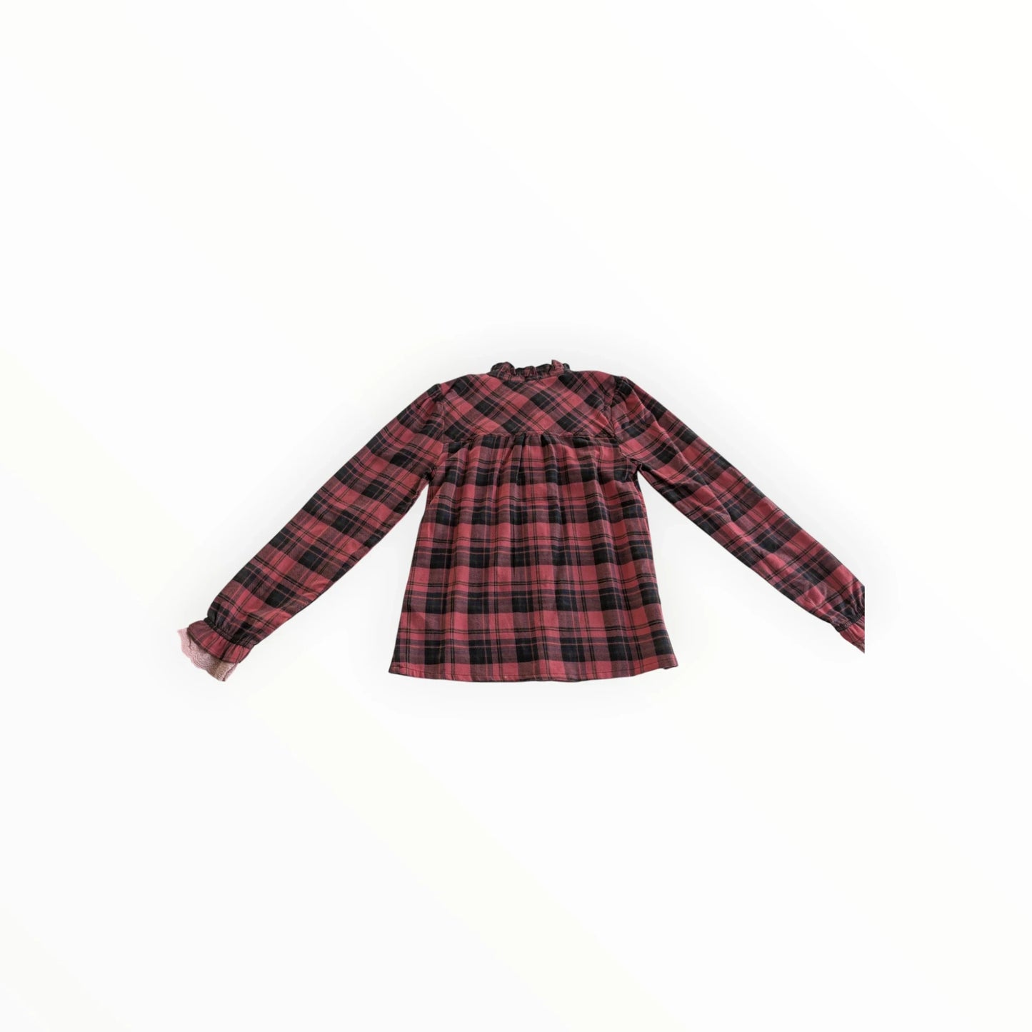 Pierrot Outlet roze-rode geruite blouse met ruches en kanten details