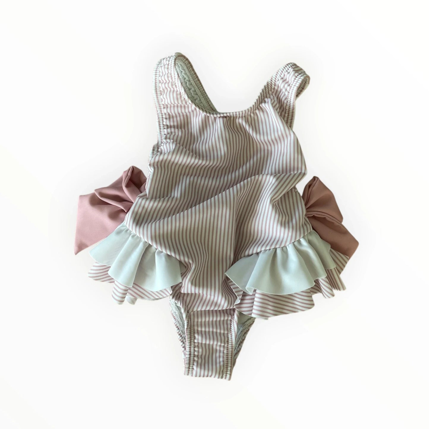 Pierrot Outlet gestreept baby zwempak met ruches en roze strikjes voor een schattige zomerse look.