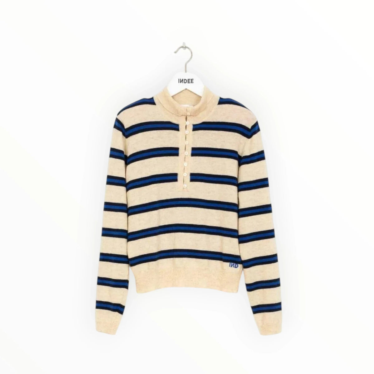Pierrot Outlet beige gebreid damesshirt met blauwe en zwarte strepen, knoopsluiting en geribbelde boorden
