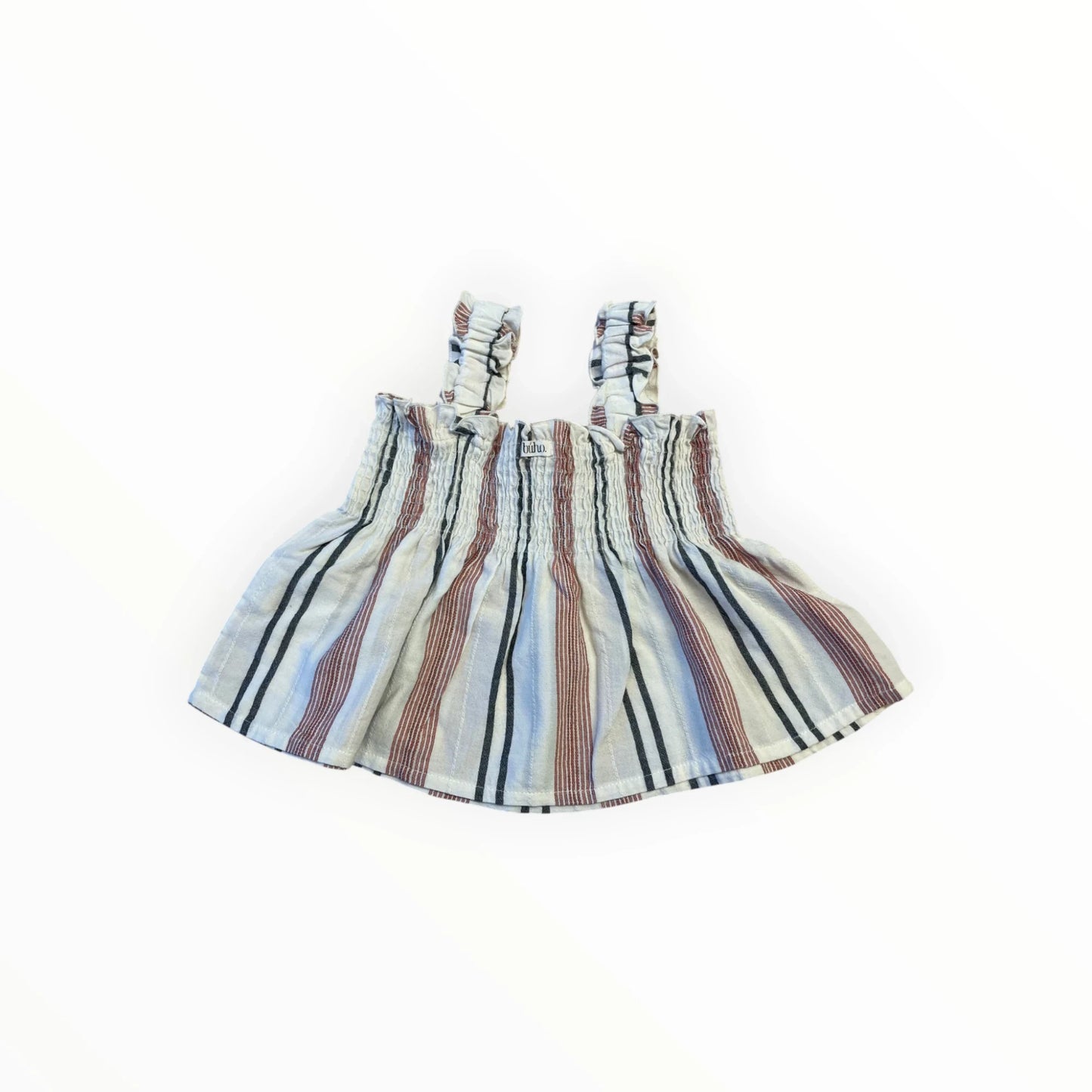 Pierrot Outlet gestreept kinderhemdje met smock detail, rood, zwart en wit gestreept, ruches aan schouderbandjes.