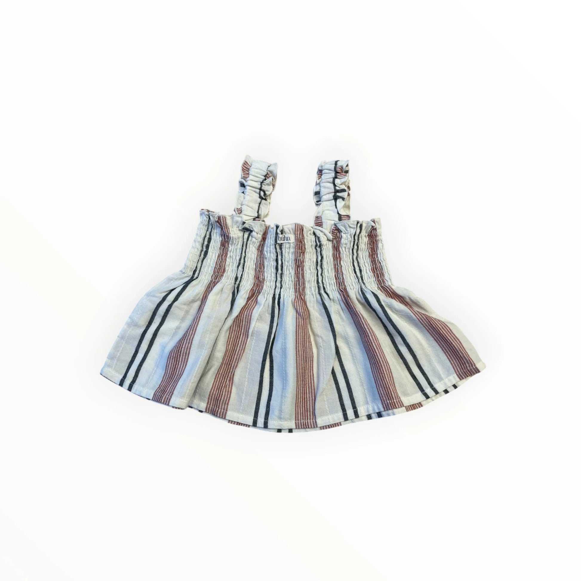 Pierrot Outlet gestreept kinderhemdje met smock detail, rood, zwart en wit gestreept, ruches aan schouderbandjes.