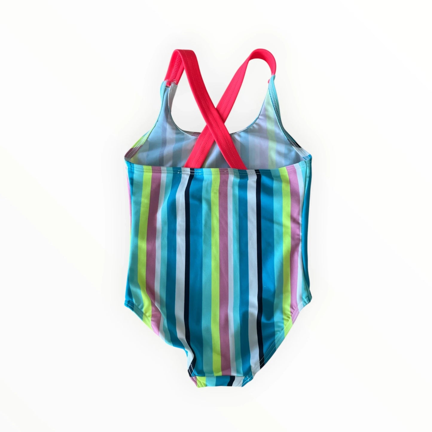 Pierrot Outlet gestreept kinderzwempak met roze gekruiste rugbandjes in vrolijke blauwe en neonkleuren.