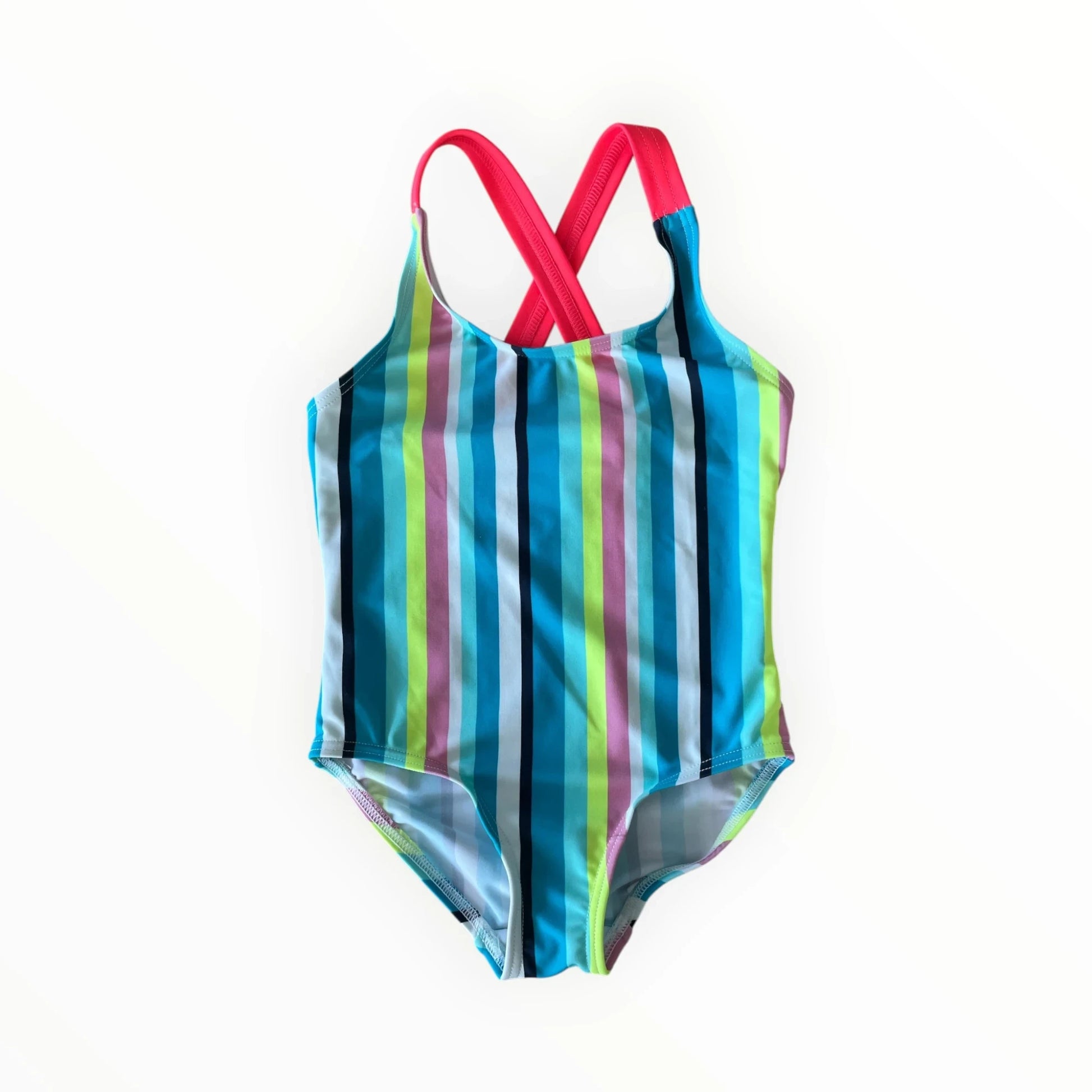 Pierrot Outlet gestreept kinderzwempak met gekruiste roze bandjes in blauw, geel en roze voor zwemplezier.
