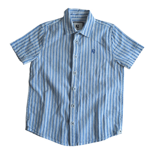 Pierrot Outlet gestreept overhemd met korte mouwen, blauw en wit, ademende stof, casual.