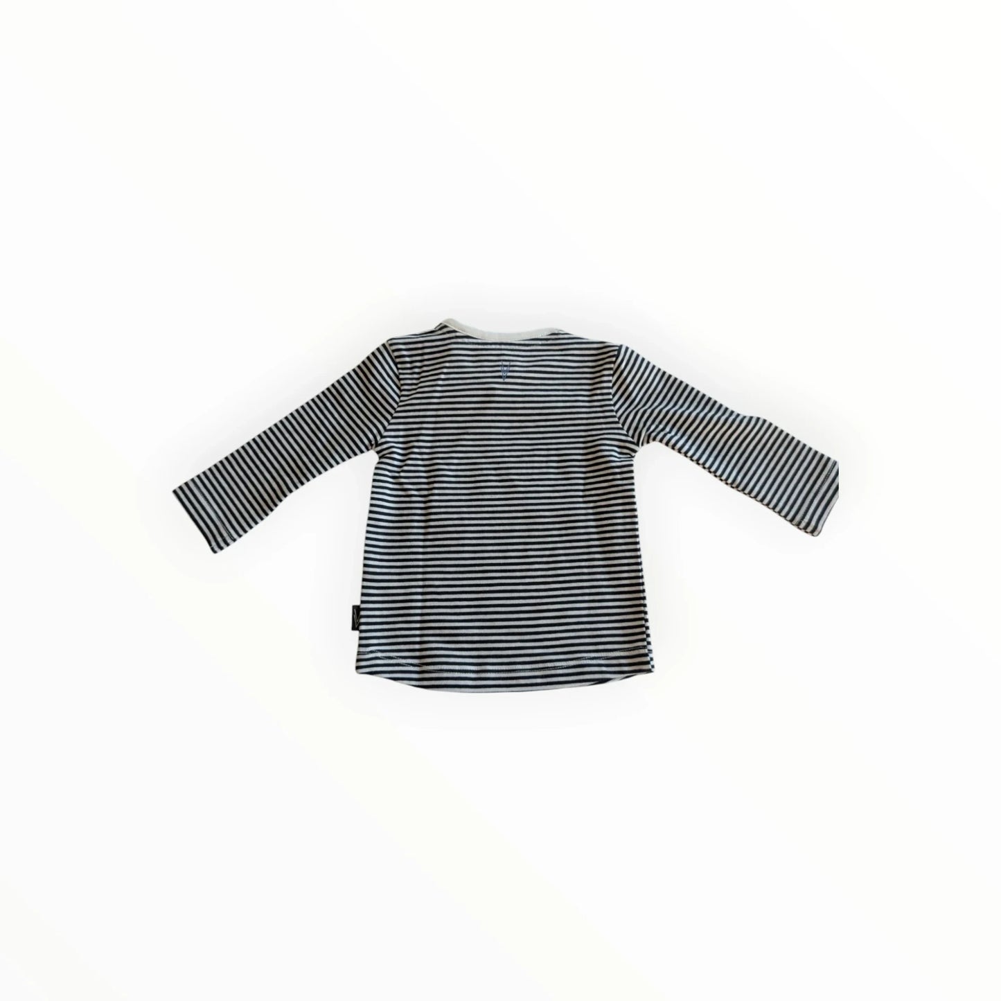 Pierrot Outlet gestreept longsleeve shirt voor kinderen, donkerblauw en grijs, katoen, met drukknoopjes op de schouder.