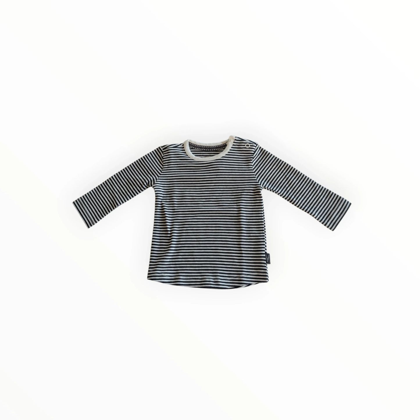 Pierrot Outlet gestreept longsleeve shirt voor kinderen, donkerblauw en grijs, katoen, met drukknoopjes op de schouder.