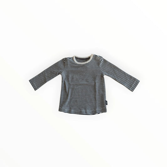 Pierrot Outlet gestreept longsleeve shirt voor kinderen, donkerblauw en grijs, katoen, met drukknoopjes op de schouder.