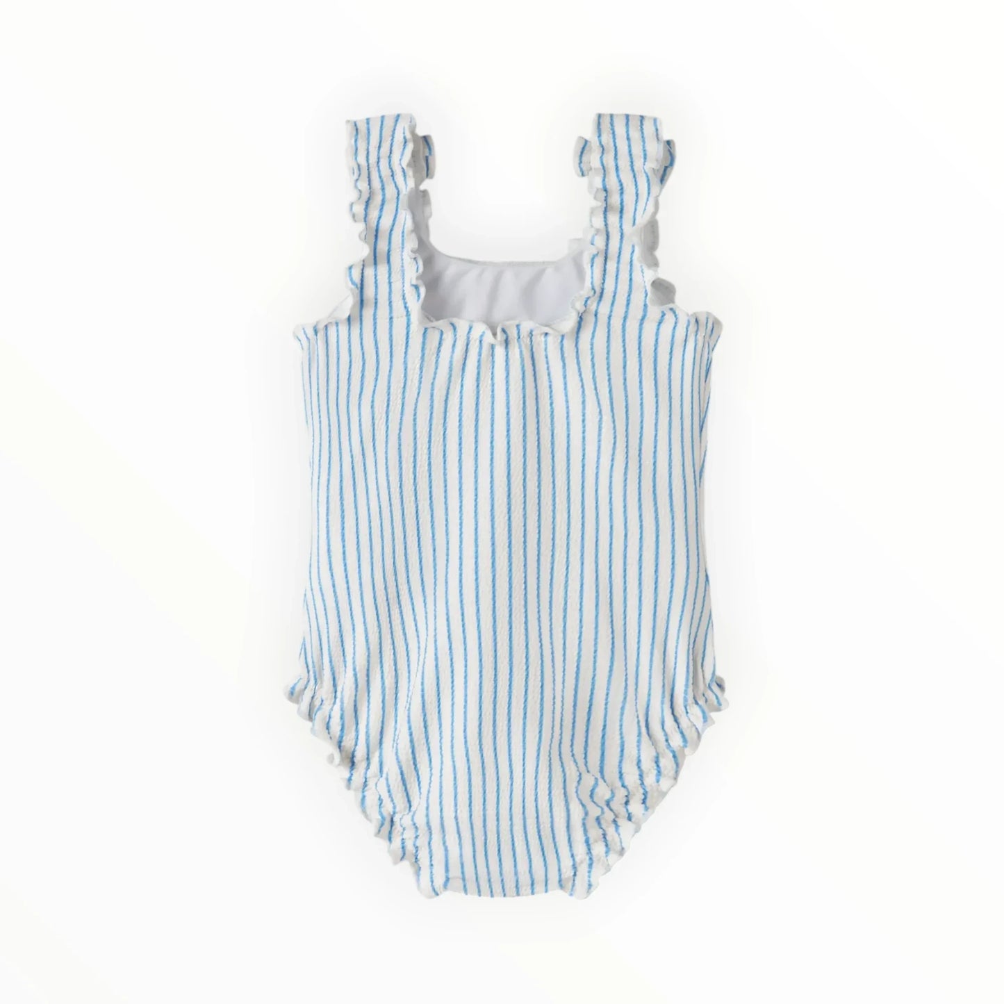 Pierrot Outlet gestreept meisjes badpak met ruches in wit en blauw. Gemaakt van zachte, rekbare stof.