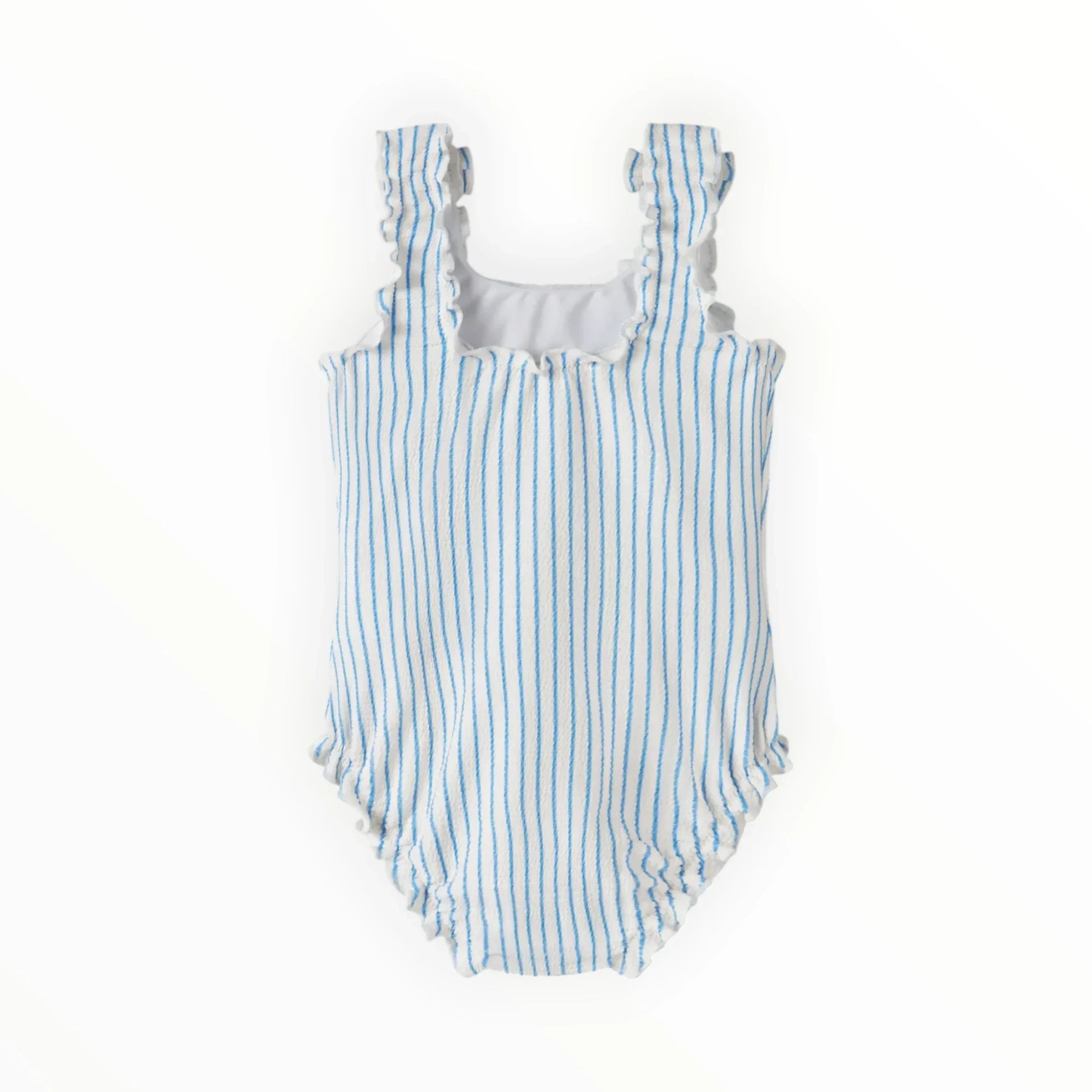Pierrot Outlet gestreept meisjes badpak met ruches in wit en blauw. Gemaakt van zachte, rekbare stof.