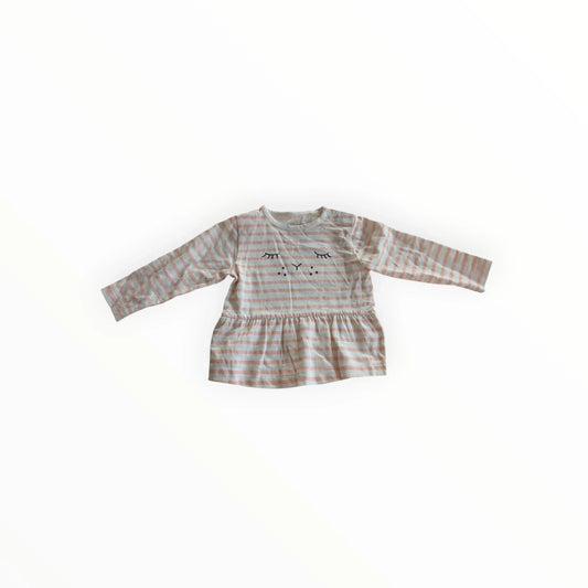 Pierrot Outlet gestreept peplum shirt met lange mouwen, katoen, met slapende oogjes print en ruche aan de onderkant.