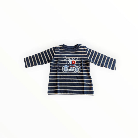 Pierrot Outlet gestreept shirt met lange mouwen voor kinderen, marineblauw en beige, katoen, met motorfiets applicatie en tekst "Smart Kid".