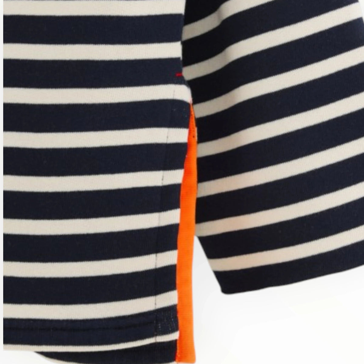 Pierrot Outlet gestreept shirt met lange mouwen in navy en wit met opvallende feloranje zijsplit.