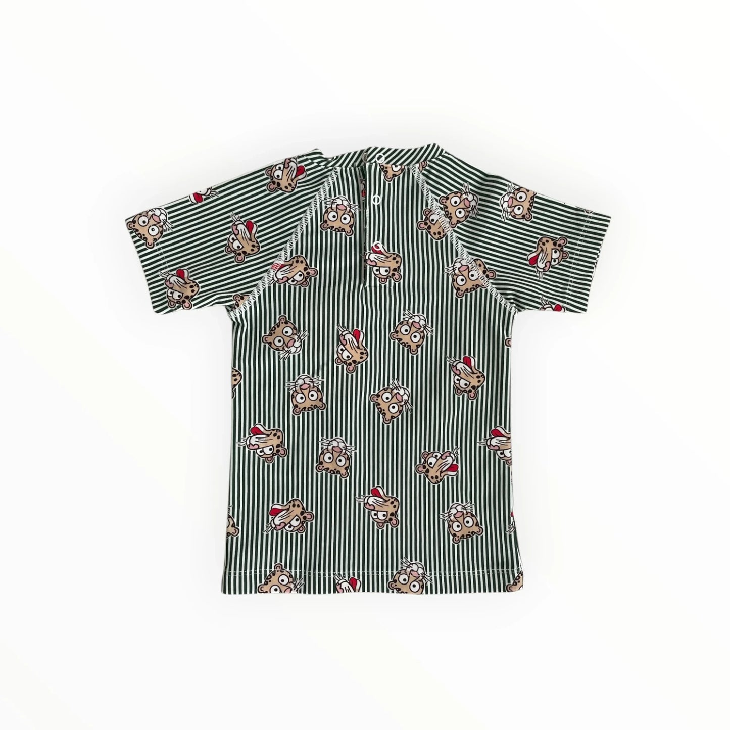 Pierrot Outlet gestreept zwemshirt voor kinderen in groen-wit met tijgerprint en korte mouwen.
