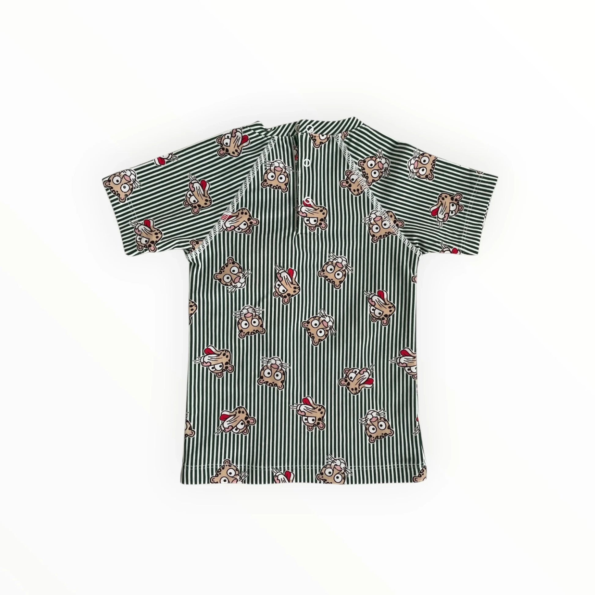 Pierrot Outlet gestreept zwemshirt voor kinderen in groen-wit met tijgerprint en korte mouwen.