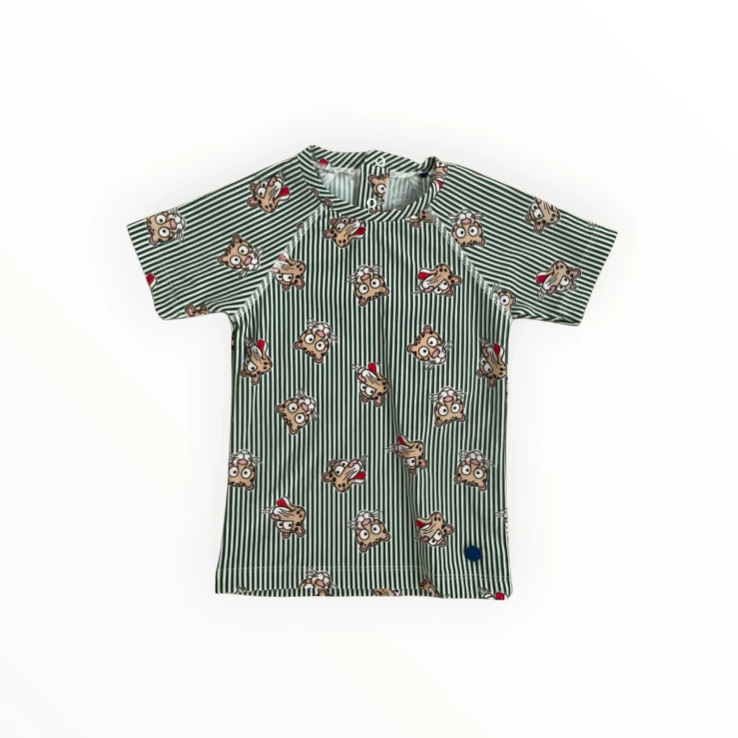 Pierrot Outlet zwemshirt voor kinderen met groen-wit gestreept design en tijgerkopjes, korte mouwen en drukknoopjes.