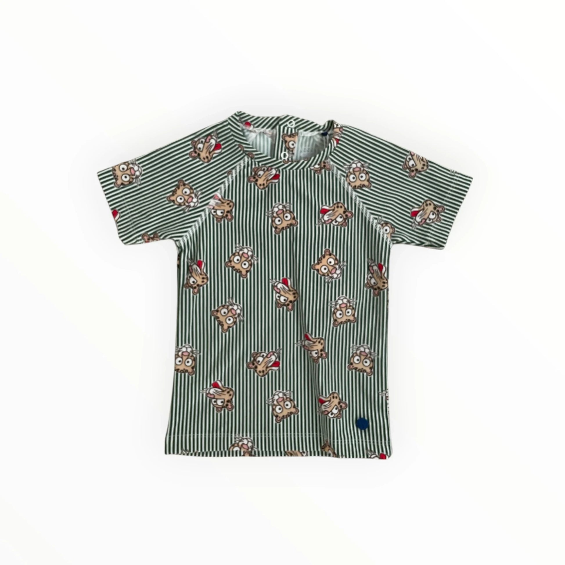 Pierrot Outlet zwemshirt voor kinderen met groen-wit gestreept design en tijgerkopjes, korte mouwen en drukknoopjes.