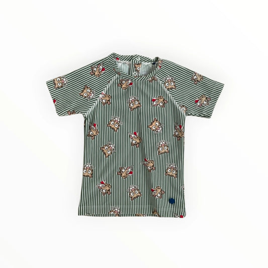 Pierrot Outlet zwemshirt voor kinderen met groen-wit gestreept design en tijgerkopjes, korte mouwen en drukknoopjes.