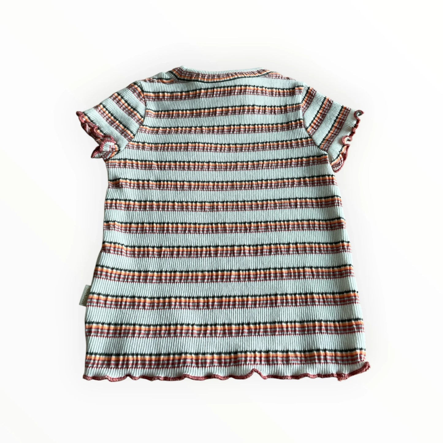 Pierrot Outlet babyjurk met horizontale strepen in lichtblauw, oranje, roze en zwart. Geribbelde stof met golvende zoom.