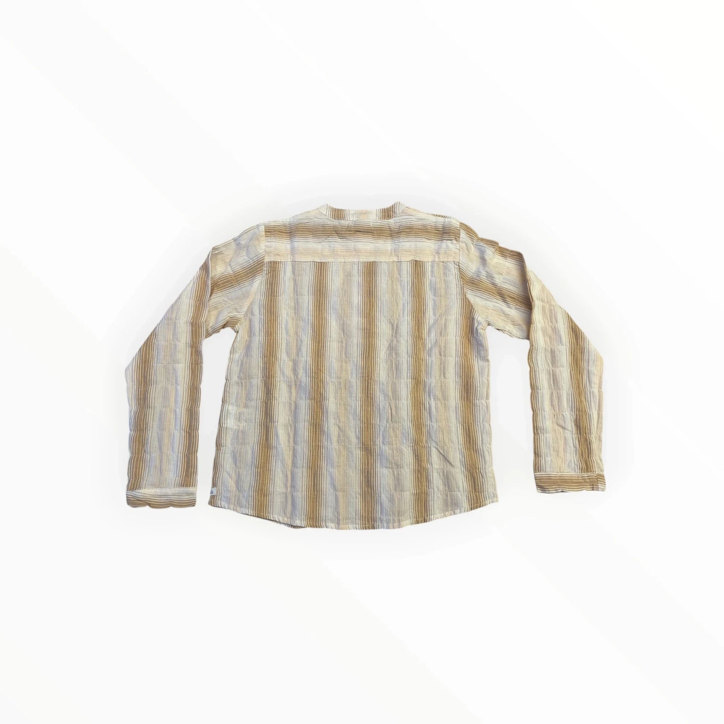 Pierrot Outlet gestreepte lange mouw blouse met knoopjes in beige, bruin en grijs. Gemaakt van een zachte stof.