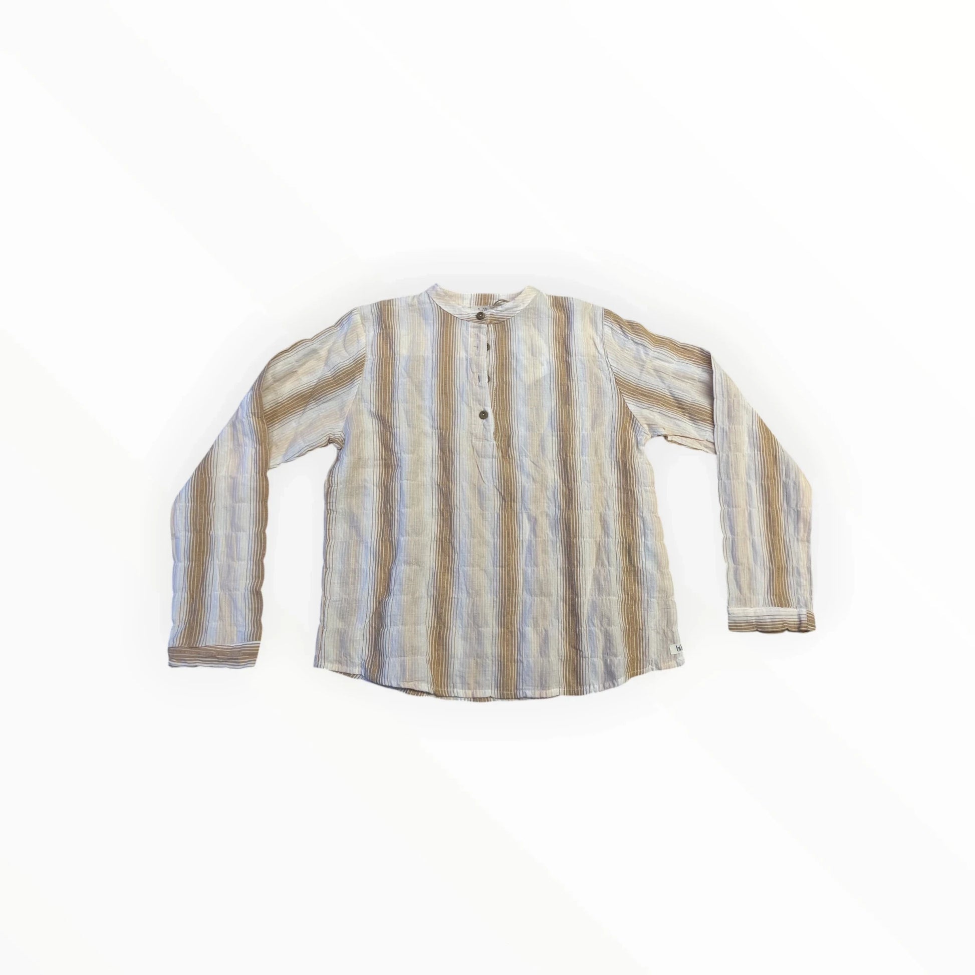 Pierrot Outlet gestreepte lange mouw blouse met knoopjes, kraagloze halslijn, beige, bruin en grijs