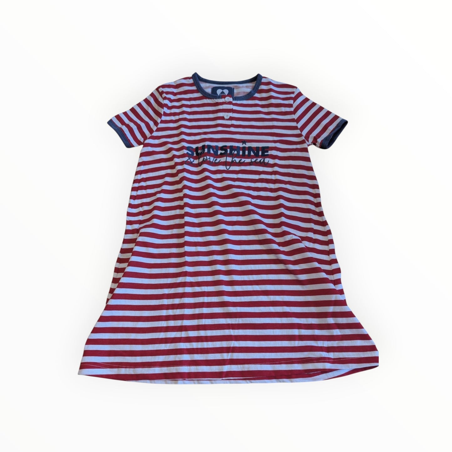Pierrot Outlet rood-wit gestreepte casual jurk met korte mouwen en Sunshine & love the sea tekstprint