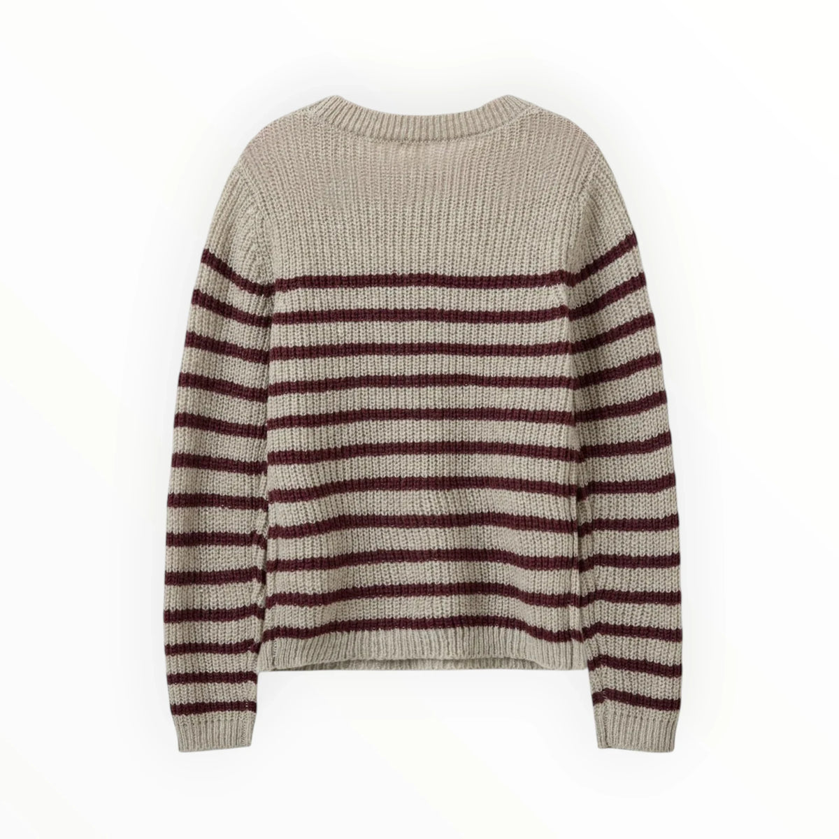 Pierrot Outlet gestreepte grofgebreide trui in beige met dieprode strepen en ronde hals