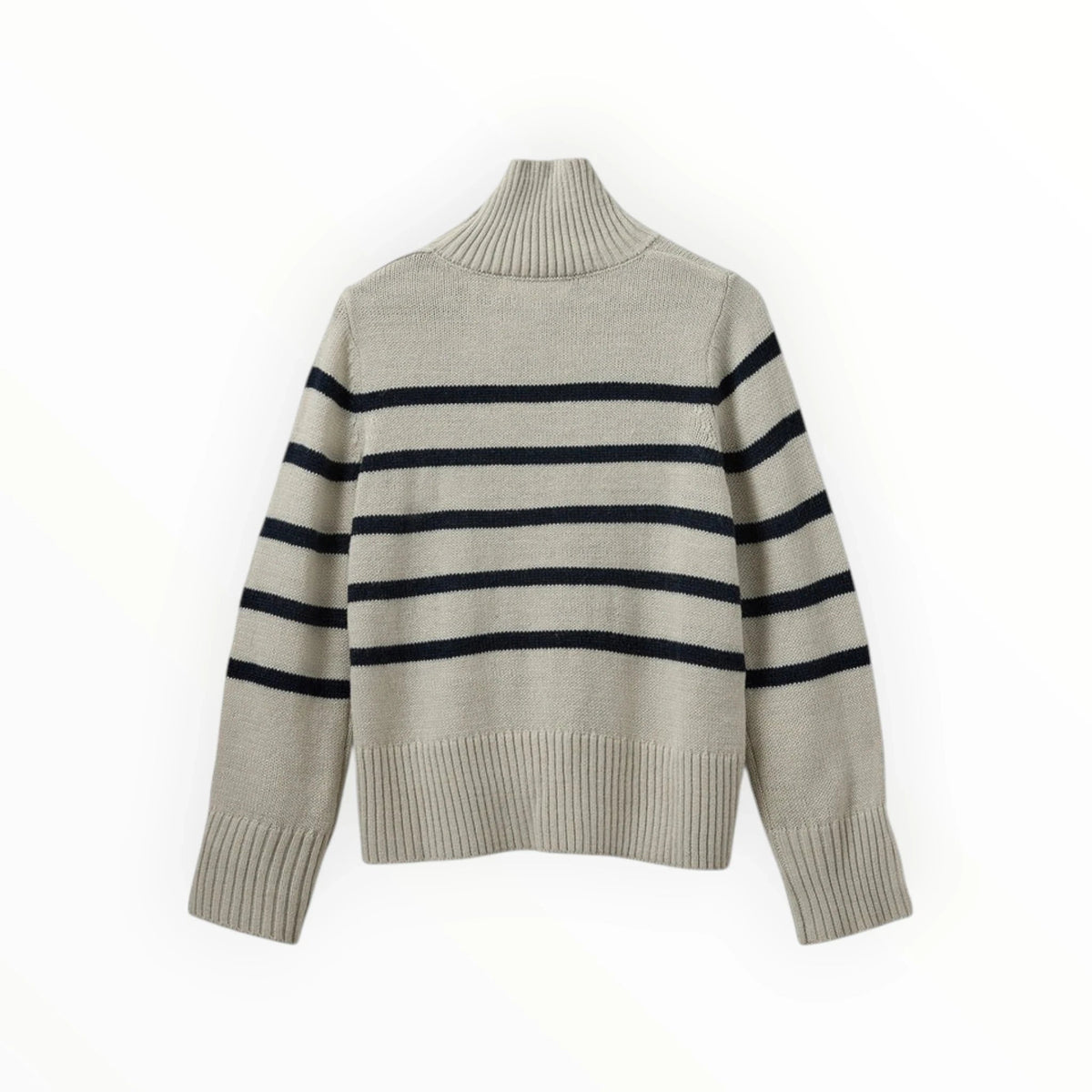 Pierrot Outlet gestreepte gebreide trui in beige met donkerblauwe strepen, colhals en geribbelde boorden.
