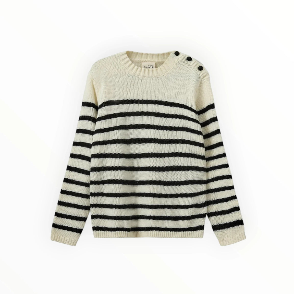 Pierrot Outlet SOFIE SCHNOOR gebreide trui in off-white met zwarte strepen en decoratieve knopen op de schouder