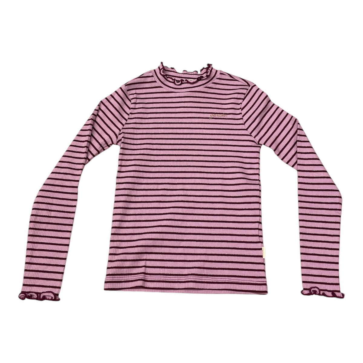 Pierrot Outlet roze en donkerpaarse gestreepte longsleeve top met rucheskraag en manchetten.