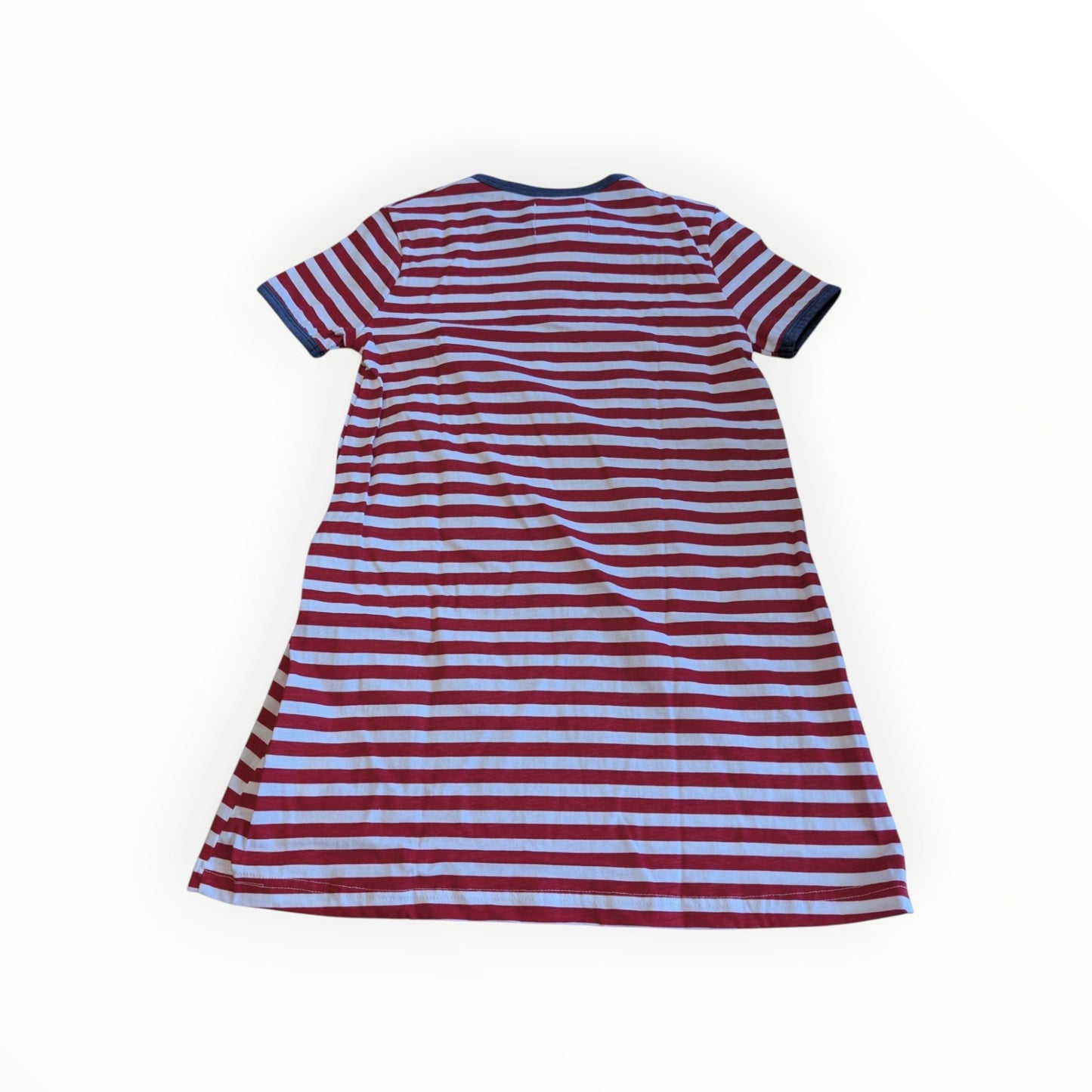 Pierrot Outlet casual jurk met rood-witte strepen en donkerblauwe boorden, achterkant zichtbaar
