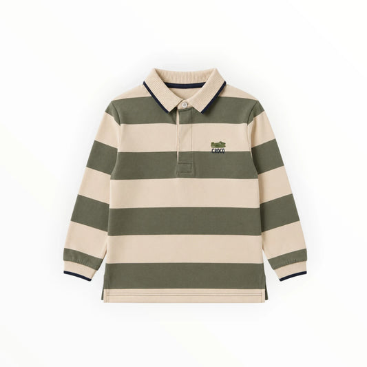 Pierrot Outlet gestreepte kinderpolo met lange mouwen in beige en olijfgroen katoen met geborduurde croco applicatie