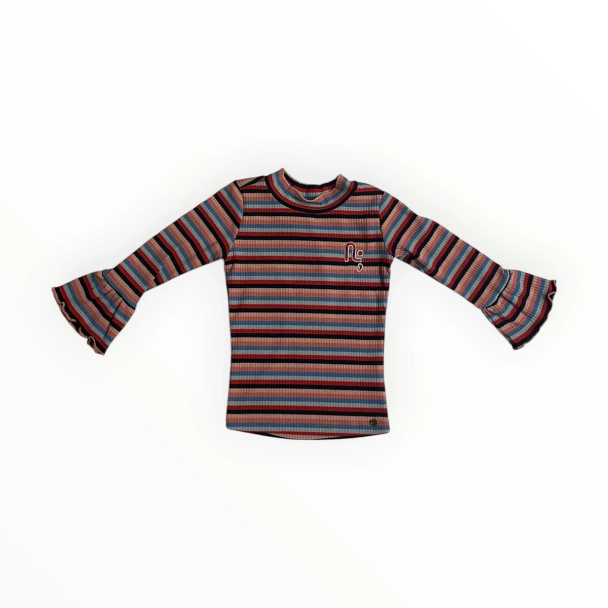 Pierrot Outlet gestreepte top voor meisjes met lange uitlopende mouwen, geribbelde stof en geborduurd detail.