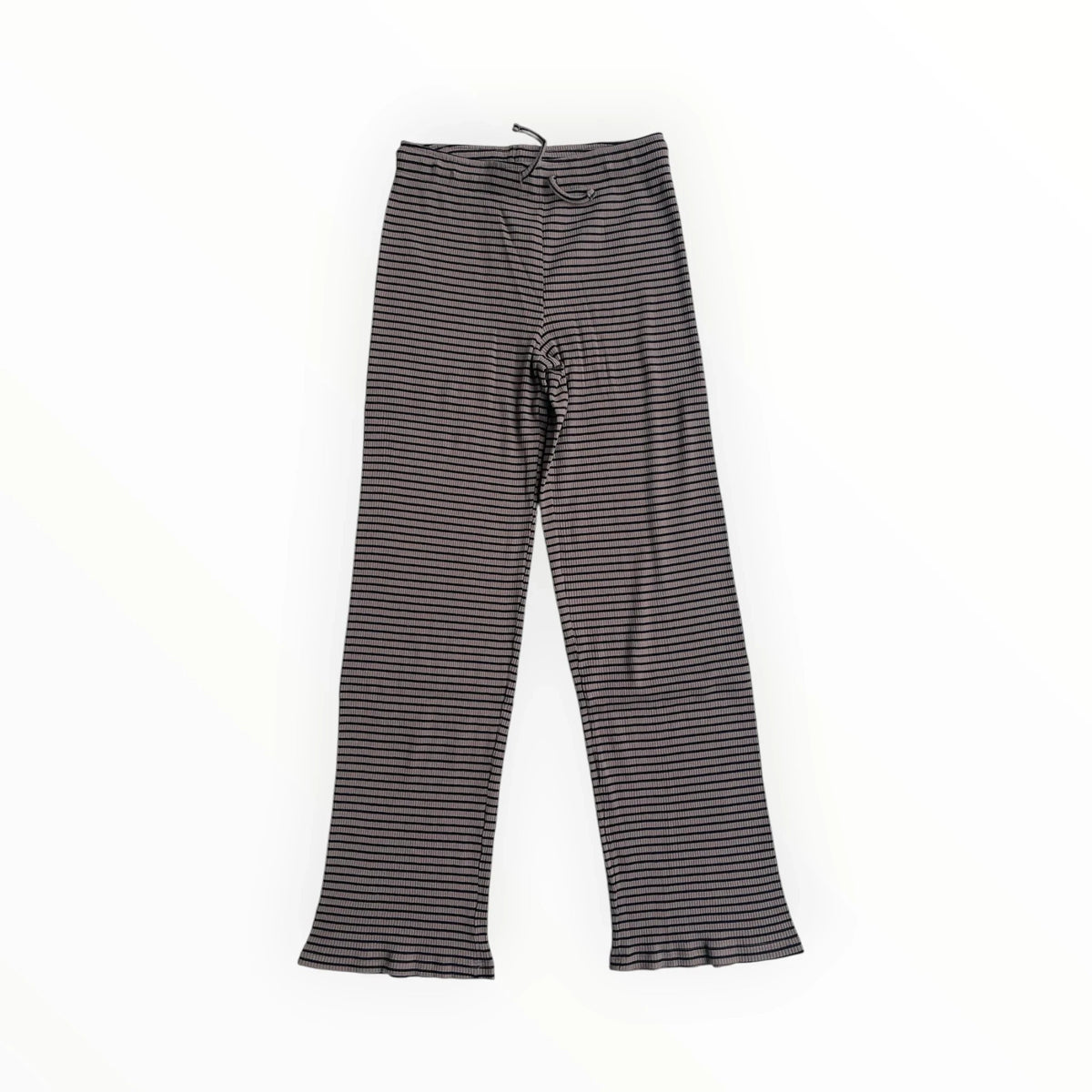 Pierrot Outlet gestreepte ribbroek in bruin en zwart met elastische tailleband en uitlopende pijpen.