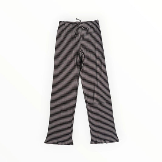 Pierrot Outlet gestreepte ribbroek in bruin en zwart met elastische tailleband en uitlopende pijpen.