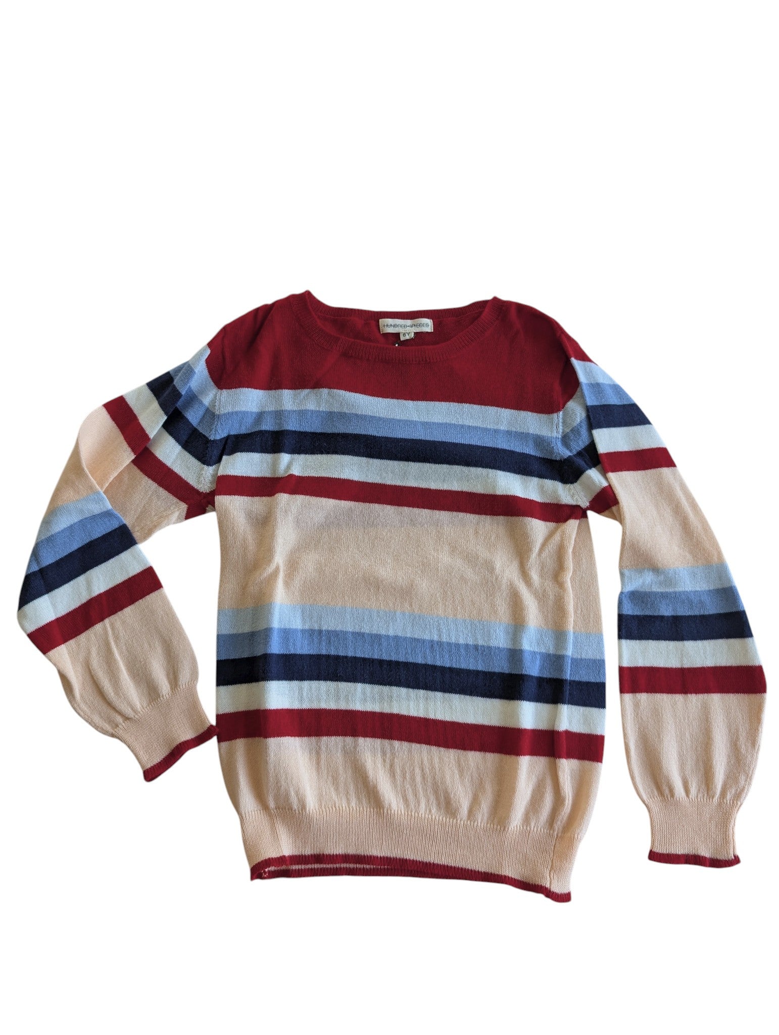 Pierrot Outlet dames trui met lange mouwen, ronde hals en streepjespatroon in crème, rood, lichtblauw en donkerblauw.