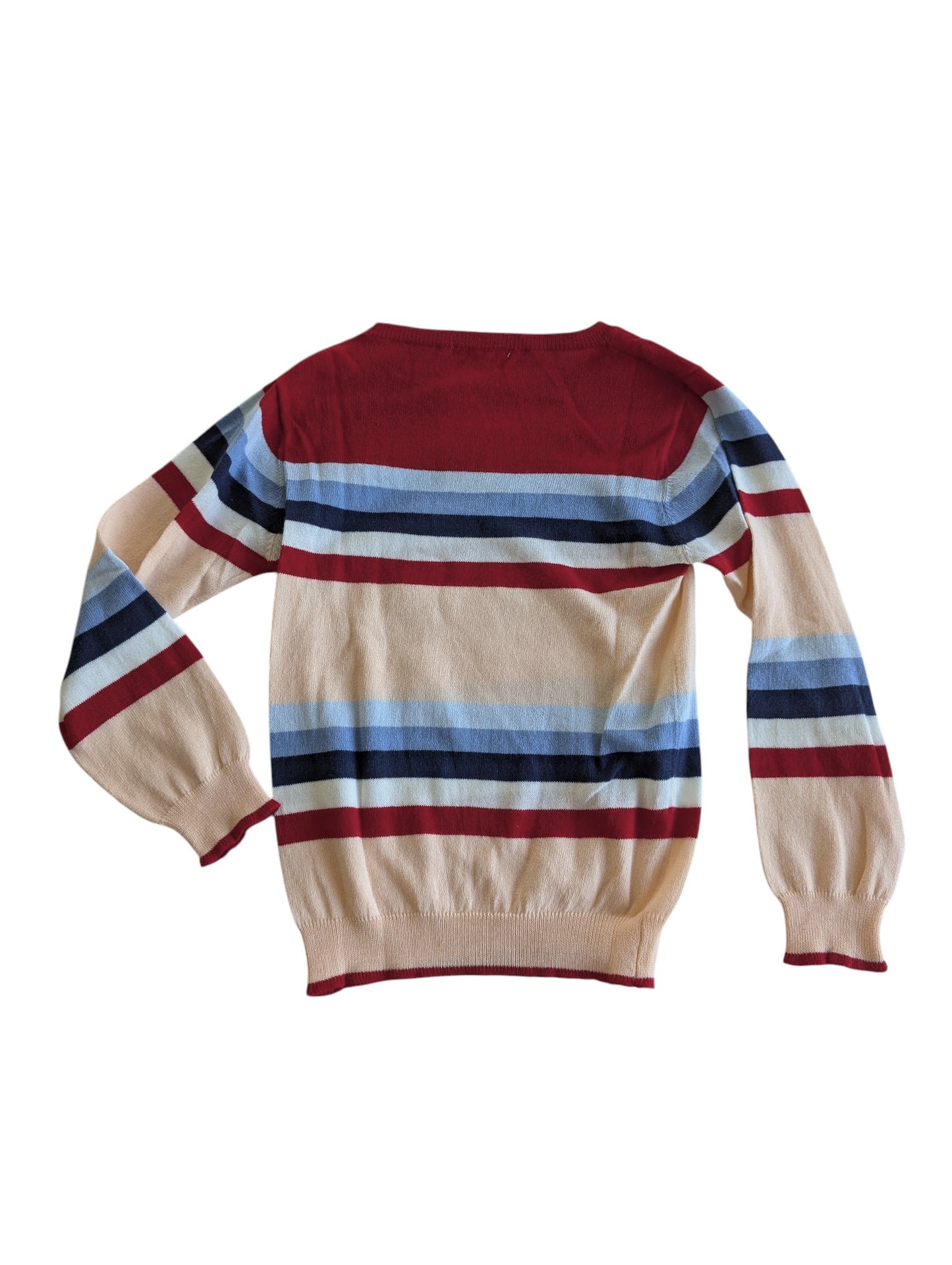 Pierrot Outlet dames trui met lange mouwen, ronde hals en streepjespatroon in crème, rood, lichtblauw en donkerblauw.