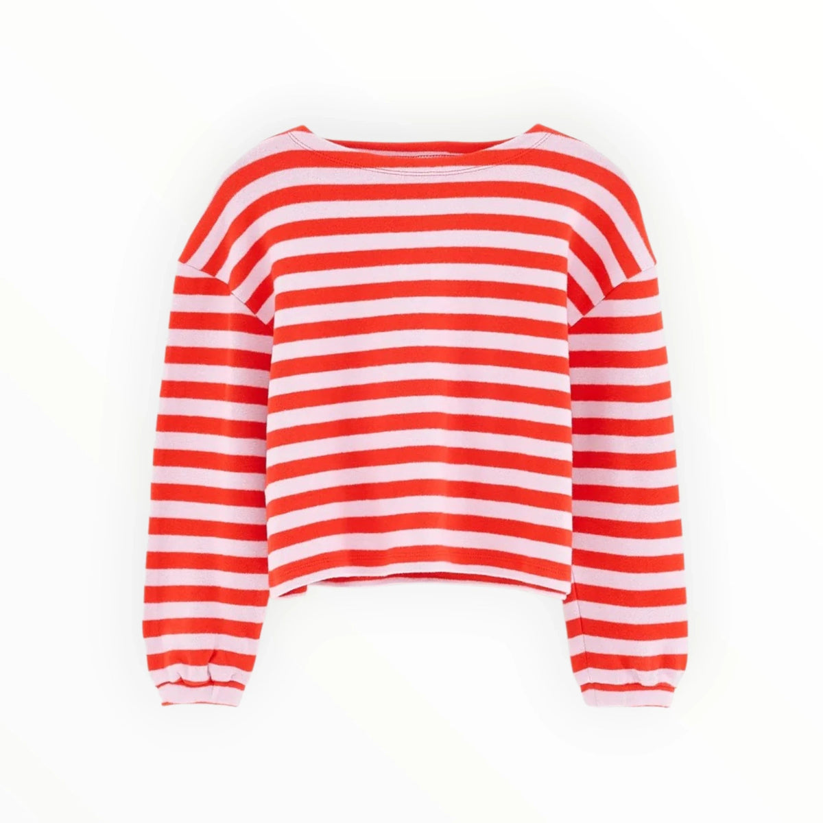 Pierrot Outlet gestreepte trui in rood en roze met ronde hals en gepofte mouwen voor een stijlvolle casual look.
