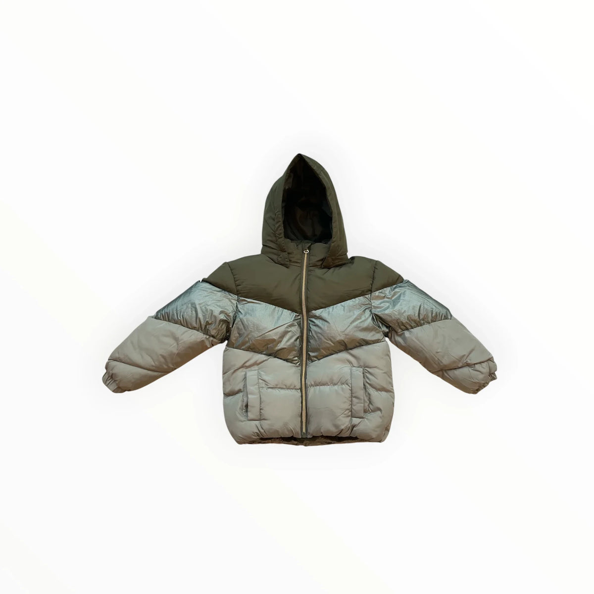 Pierrot Outlet gewatteerde winterjas voor kinderen in olijfgroen en metallic grijs met capuchon en ritssluiting
