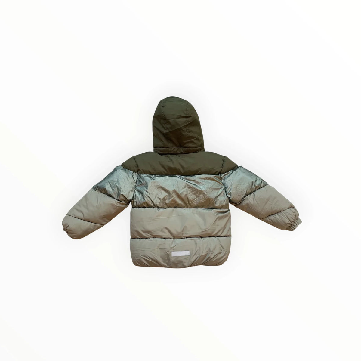 Pierrot Outlet gewatteerde winterjas voor kinderen in olijfgroen en metallic grijs met capuchon, achterkant