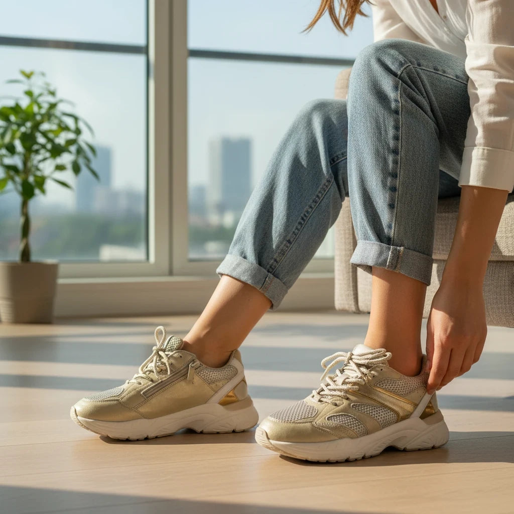 HIP sneakers van Pierrot Outlet in goud en beige met chunky zool, mesh-details en metallic accenten.