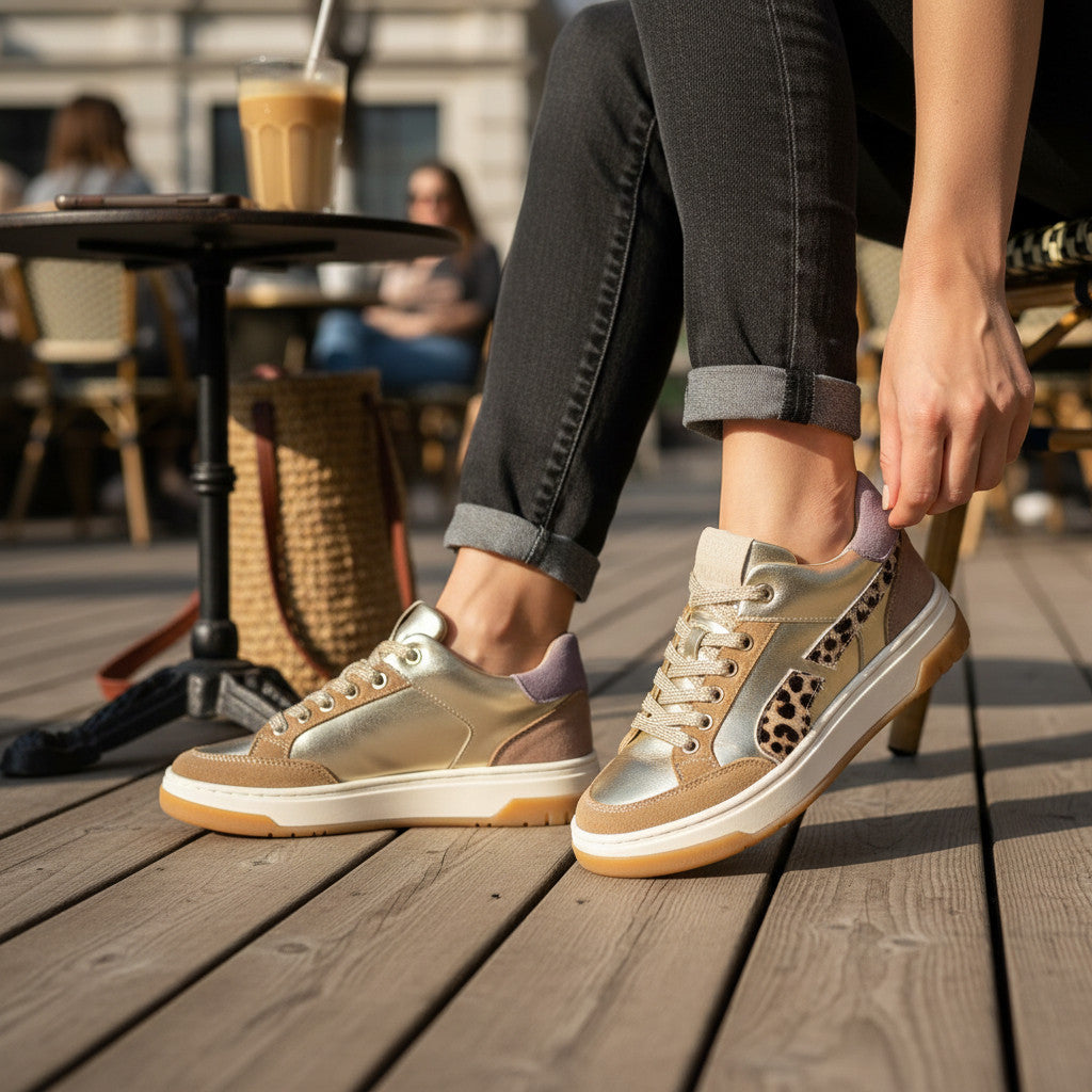 Pierrot Outlet damessneakers in goud metallic met bruin suède, luipaardprint en paarse accenten op een terras.