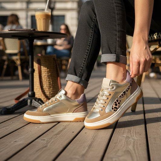 Pierrot Outlet damessneakers in goud metallic met bruin suède, luipaardprint en paarse accenten op een terras.