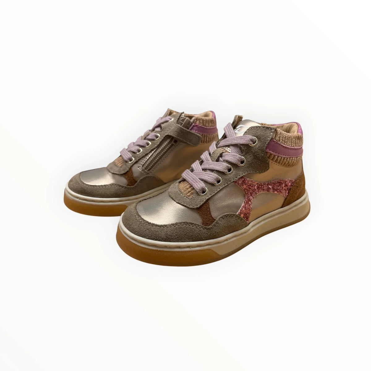 Pierrot Outlet hoge kindersneakers in metallic goud en bruin leer met roze glitterdetails en ritssluiting