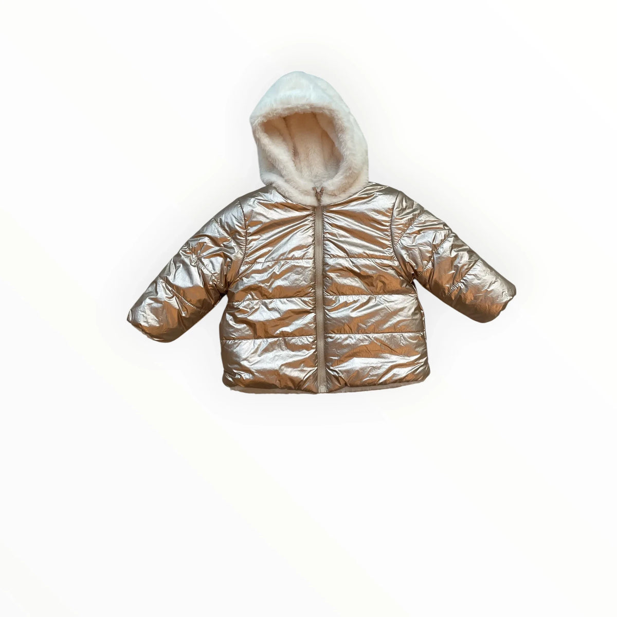 Pierrot Outlet metallic gouden gewatteerde winterjas voor kinderen met een crèmekleurige imitatiebont gevoerde capuchon